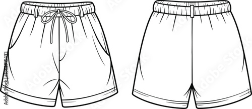 Men Casual Shorts Technical Flat Sketch Vector Template With Elastic Waistband and Drawstring Front and Back View For Fashion Design Illustration