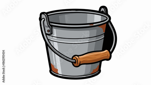 A rustic metal bucket with a wooden handle, showing signs of rust, on a clean white background