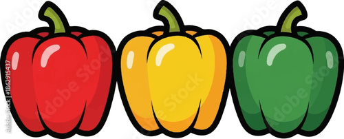 A row of three colorful bell peppers red, yellow, and green, presented with a cartoonish style