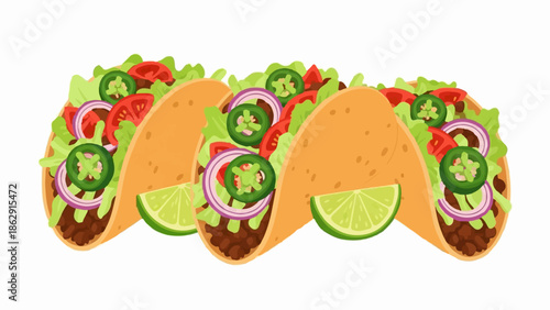 A row of delicious, overflowing tacos with fresh toppings and lime wedges