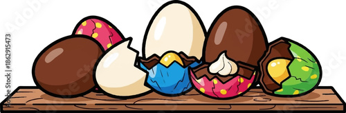 A row of colorful, decorated, and chocolate Easter eggs, some cracked open, displayed on a wooden shelf