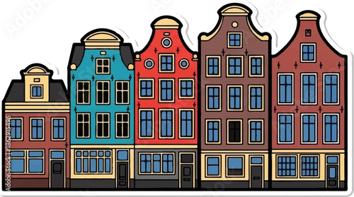 A row of charming, colorful, narrow, multi-story buildings with unique gabled roofs