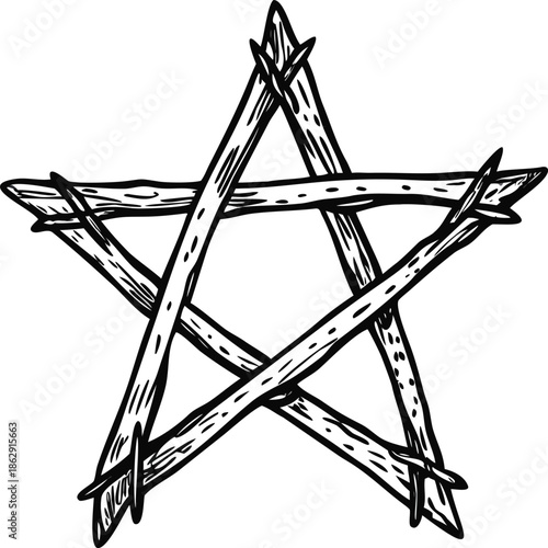 A detailed illustration of a five pointed star constructed from wooden sticks