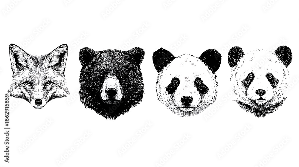 Obraz premium A black and white illustration of four animal faces including a fox, bear, and two pandas.