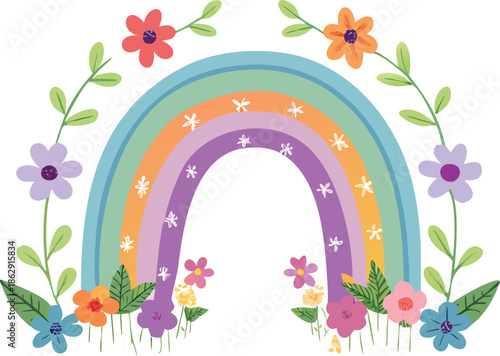 A colorful rainbow illustration with flowers and foliage gentle and adorable high quality