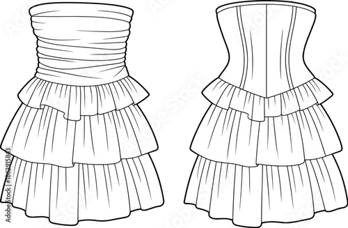 Strapless tiered ruffle mini dress technical fashion sketch, ruched corset bodice apparel flat sketch, womens party dress vector design template