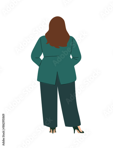 A curvy plus size woman from behind wearing a teal blazer and wide-leg pants, rendered with clean lines and solid colors. Vector flat minimalist illustration isolated on transparent background
