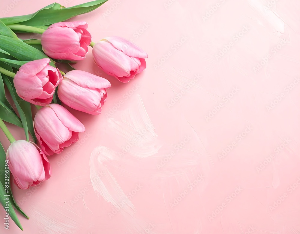 Obraz premium Overhead shot of six pink tulips with green stems, arranged on the left side against a light pink background