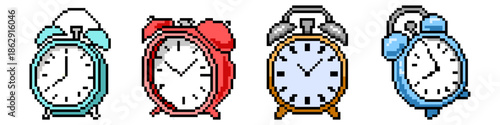 Set of pixel alarm clock icon vector for retro wake-up alerts. Ideal for morning reminders, digital timekeeping, deadlines, and 8-bit game UI.