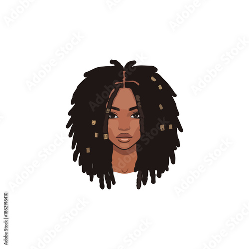 Portrait illustration of a beautiful woman with voluminous dark braided hair and gold accessories, modern vector character design.