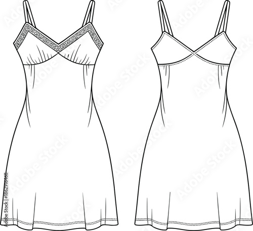 Womens strapless tiered ruffle mini dress technical fashion sketch, ruched corset bodice apparel flat sketch, party dress vector design template for tech pack