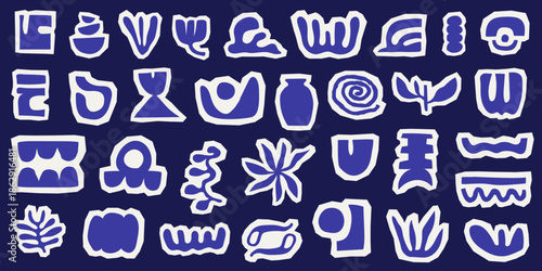 Pack of abstract white and blue matisse cutout shapes with vases and flowers for contemporary textile print