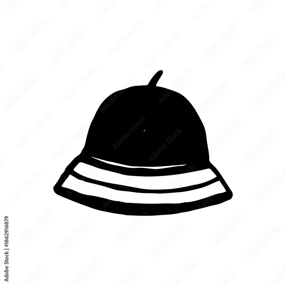 Fototapeta premium Vector doodle illustration o Panama hat on a white background. This black, hand-drawn headwear is perfect for hiking. It's a classic accessory for leisure and travel.