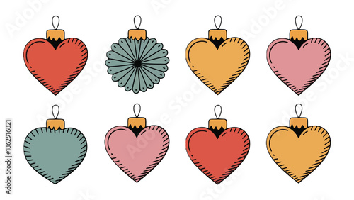 Festive Heart Ornaments: A charming array of heart-shaped ornaments, adorned in delightful colors, add a touch of warmth and cheer to the festive season. A symbol of affection. 