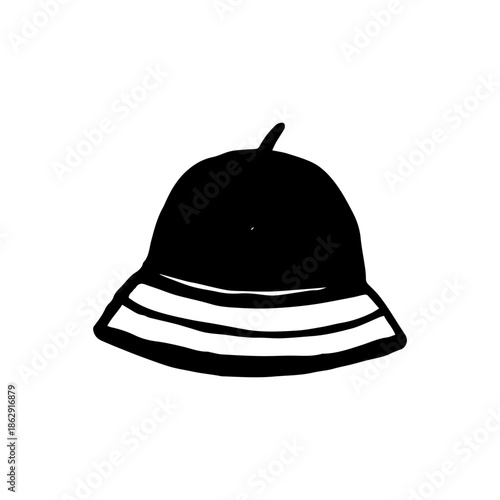 Vector doodle illustration o Panama hat on a white background. This black, hand-drawn headwear is perfect for hiking. It's a classic accessory for leisure and travel.