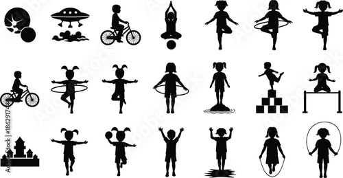 Silhouette collection of children playing, cycling, jumping rope, and doing yoga, fun kids activity vector illustration on white background.