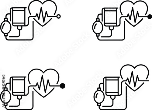 Detailed Outline Vector Icon Set Featuring Blood Pressure Cuffs, Heart Silhouettes, and Pulse EKG Waveforms for Medical Monitoring
