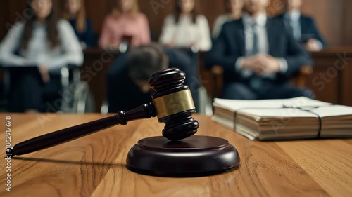Close up of a wooden gavel and legal documents on a table with blurred jury in background. Depicts law, justice and judgement in a courtroom.