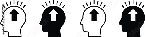 Solid and Outline Vector Icon Set Featuring Human Profiles with Rising Upward Arrows Representing Intellectual Growth and Mindset