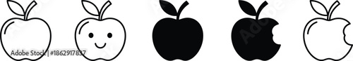 Solid and Outline Vector Icon Set Featuring Whole and Bitten Apples with a Friendly Smilery Face Variation