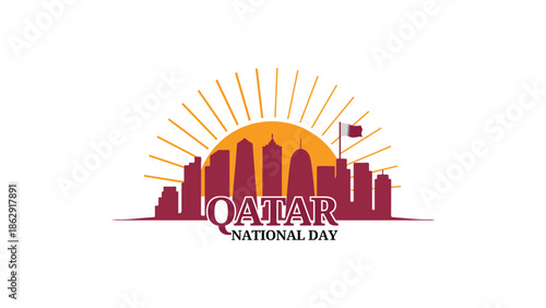 Minimalist Qatar National Day Skyline Illustration with Maroon Flag Silhouette Soft Sunset Yellow Gradient Sky for Celebration Poster and Cultural Event Background