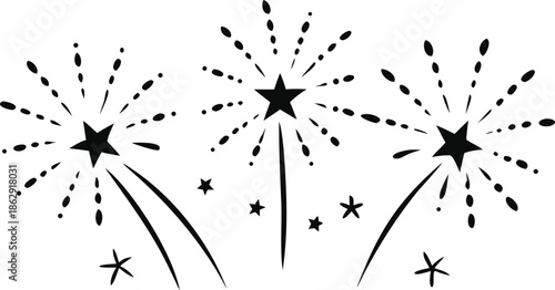 Black and white illustration of three firework bursts with stars and sparkles