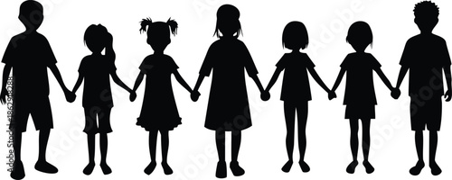 A line of children silhouettes holding hands representing unity and friendship high quality
