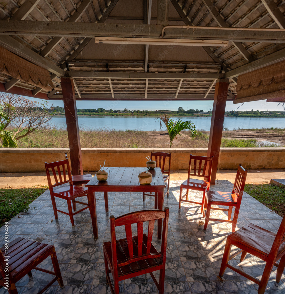 Fototapeta premium Sipping coconut water in a meadow by the Mekong River near Vientiane, Laos
