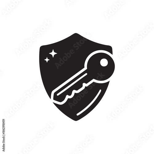 Black and white key and shield security icon clean vector illustration for lock protection and access control concept
