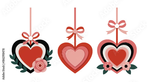 Valentine's Day Hearts Decoration: A collection of heart-shaped decorations with bows and floral adornments, evoking feelings of love and affection.