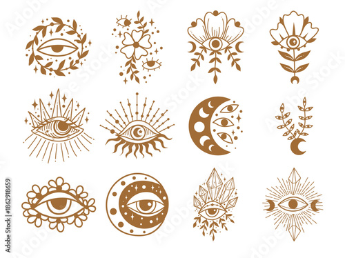Celestial black magic symbols flower, sun, moon, evil eye. Set of esoteric symbols, alchemy and witchcraft Hand drawn vector art
