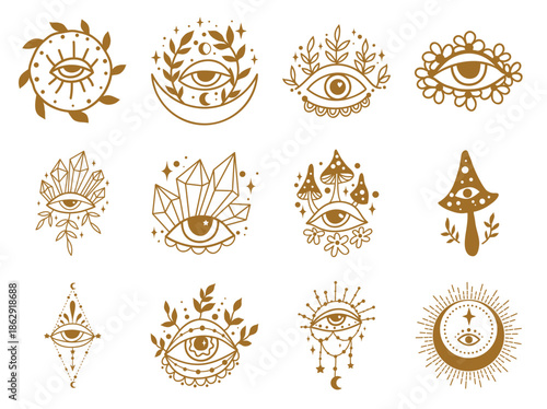Celestial black magic symbols flower, sun, moon, evil eye. Set of esoteric symbols, alchemy and witchcraft Hand drawn vector art