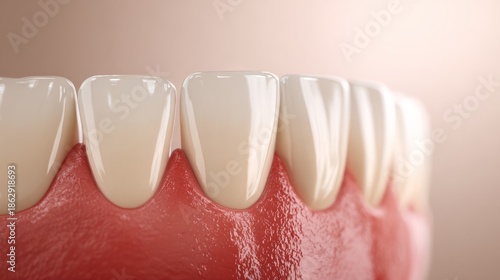 Close-up view of healthy human teeth and gums showcasing dental hygiene, with a focus on the smooth enamel surface and vibrant pink gum tissue, emphasizing oral care importance