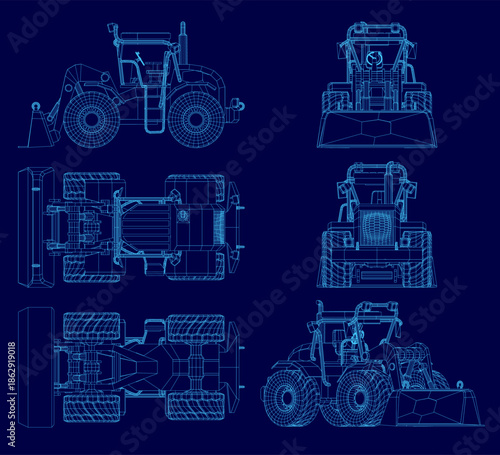 A detailed blueprint set of various tractor types, including a bulldozer with bucket, features wireframe designs on a contrasting blue background.