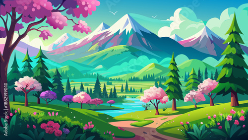 A spectacular view of spring with vast green forests and mountains covered with beautiful trees that come to life in the soft light of the sky.