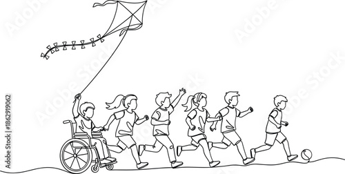 Children with disabilities playing together outdoors with kite