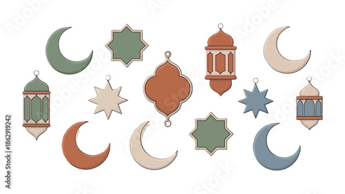 Festive Islamic Decorations: A collection of meticulously crafted crescent moons, star ornaments, and decorative lanterns arranged gracefully.