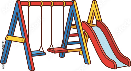 Colorful, vector, illustration, of, children, playground, equipment, featuring, red, slide, blue, swings, yellow, frame, park, outdoor, fun, recreation, isolated, white