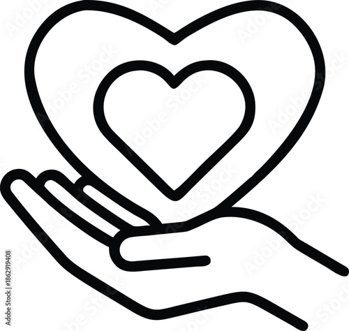 A hand gently holding a heart within a larger heart outline illustration