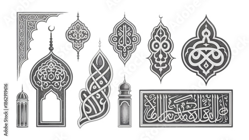 Elegant Islamic Geometric Designs: A collection of exquisite, detailed Islamic geometric designs, displaying intricate patterns and motifs, perfect for enhancing creative projects.