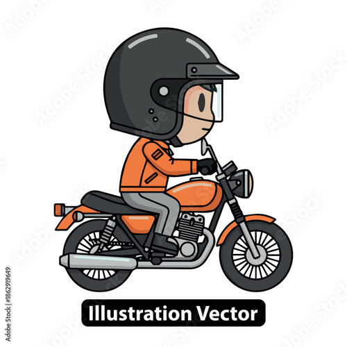 Cartoon illustration of a young man safely riding his classic orange motorcycle, ready for an exciting journey