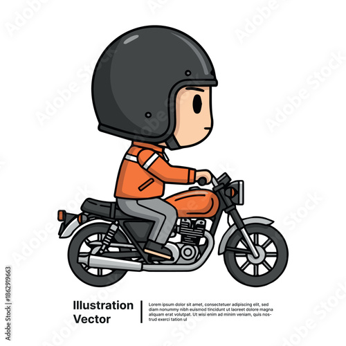 Charming cartoon delivery rider wearing a protective helmet and stylish orange jacket on a vintage motorcycle illustration