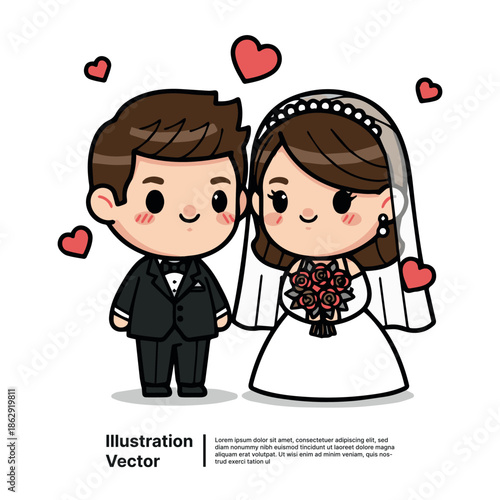 Adorable cartoon couple celebrates their joyous wedding day with beaming smiles and floating hearts, symbolizing eternal love and happiness