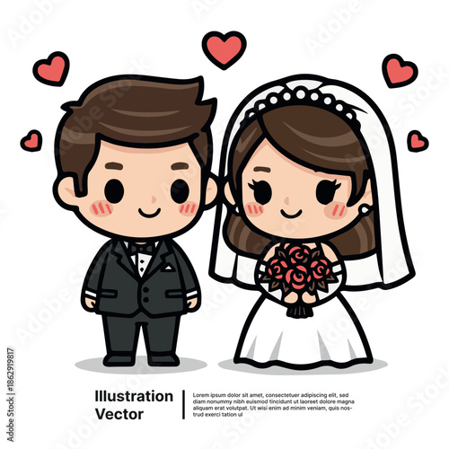 Adorable cartoon bride and groom celebrating their happy union, surrounded by floating hearts