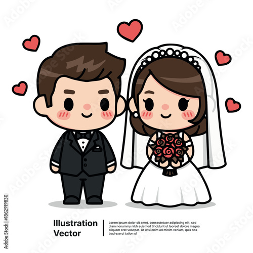 Adorable cartoon bride and groom celebrating their special wedding day with heartfelt joy and romantic bliss