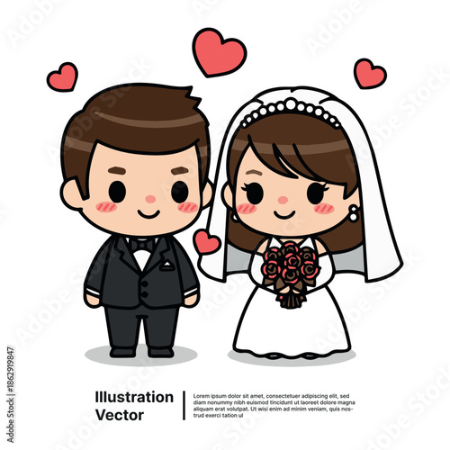Charming Cartoon Bride and Groom Couple Illustration for Romantic Wedding Celebrations
