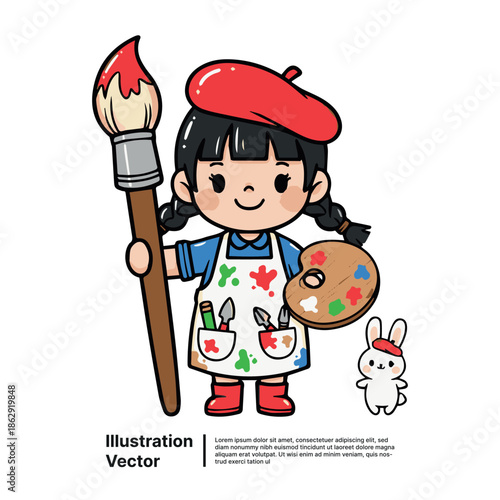 Cute little girl artist with paintbrush and palette, dreaming of creativity