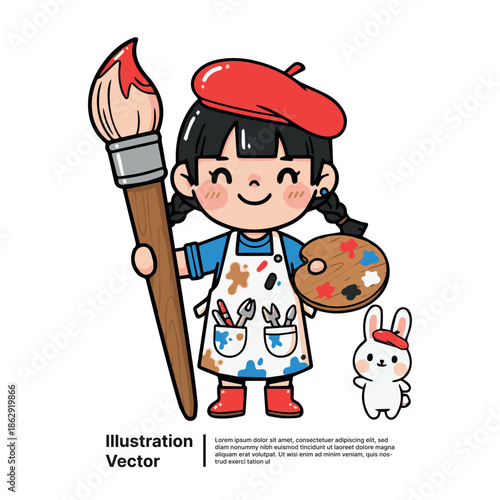 Cute Cartoon Artist Girl with Paintbrush and Palette Holding a Brush and Bunny Companion