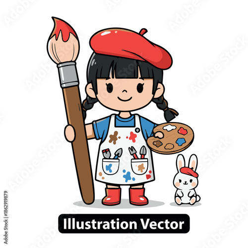 Adorable cartoon girl artist holding paintbrush and palette, expressing creative joy and artistic passion