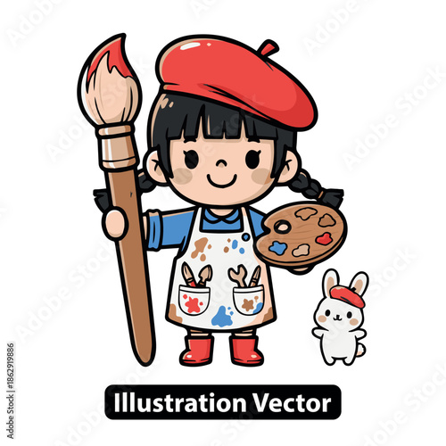 Cute little painter character with a red beret and apron, enthusiastically ready to paint and inspire creativity